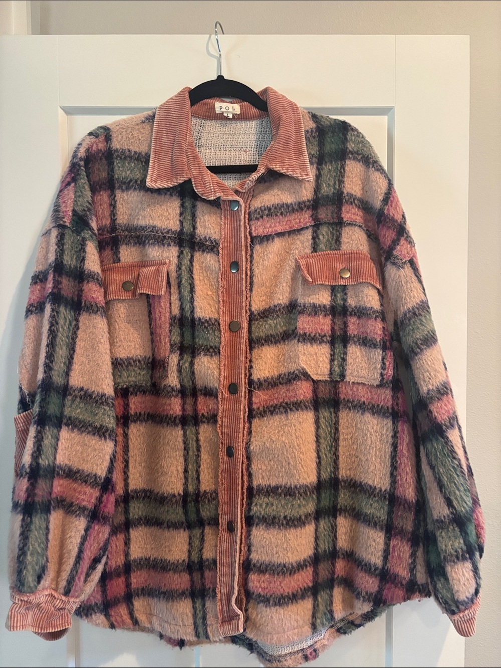 POL Plaid Button-Front Shacket in Pink and Green
